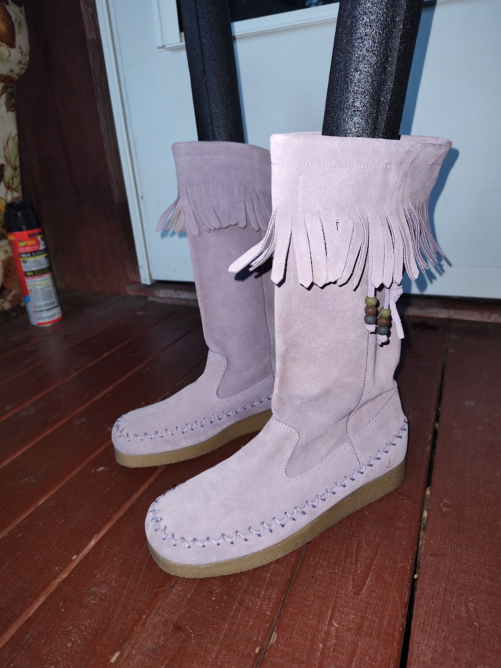 Lavender Purple Fringe Suede Mid-Calf Boots With Bead Accents